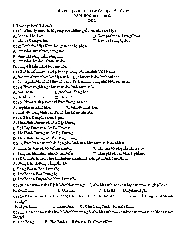 Bộ 2 đề ôn tập giữa kì 1 môn Địa lí 12 - Năm học 2021-2022 (Có đáp án)