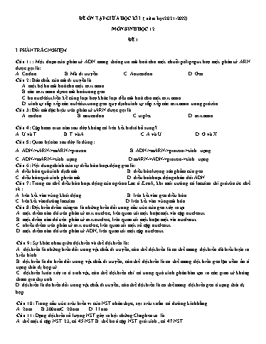Bộ 2 đề ôn tập giữa kì 1 môn Sinh học 12 - Năm học 2021-2022 (Có đáp án)