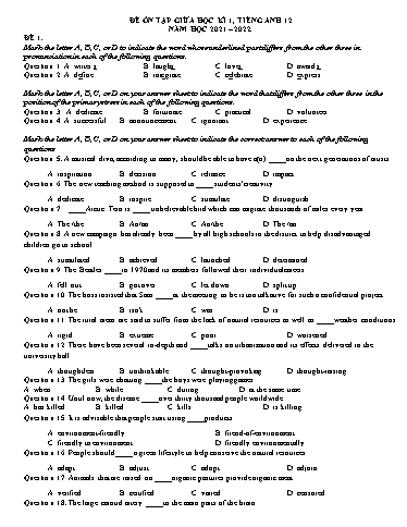 Bộ 2 đề ôn tập giữa kì 1 môn Tiếng Anh 12 - Năm học 2021-2022 (Có đáp án)