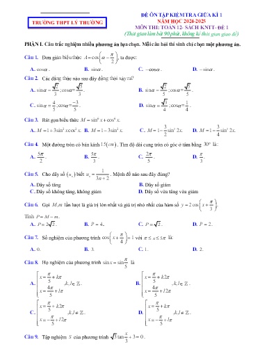 Bộ 5 đề ôn tập giữa kì 1 môn Toán 12 (Kết nối tri thức) - Năm học 2024-2025
