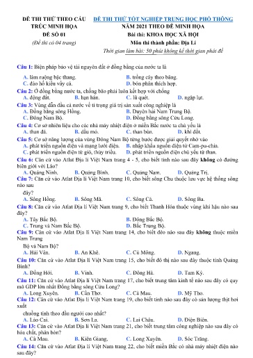 Bộ đề thi thử THPT quốc gia môn Địa lí theo chuẩn cấu trúc đề minh họa
