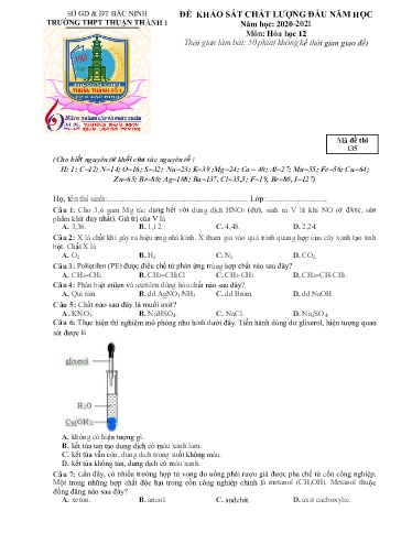 Đề khảo sát chất lượng đầu năm môn Hóa học 12 - Trường THPT Thuận Thành số 1 2020-2021 (Có đáp án)