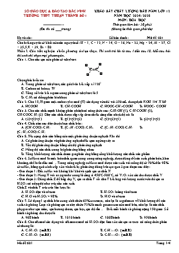 Đề khảo sát chất lượng đầu năm môn Hóa học 12 - Trường THPT Thuận Thành số 1 2024-2025 (Có đáp án)