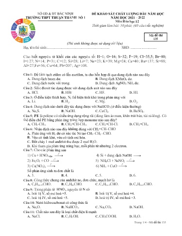 Đề khảo sát chất lượng đầu năm môn Hóa học 12 - Trường THPT Thuận Thành số 1 2021-2022 (Có đáp án)