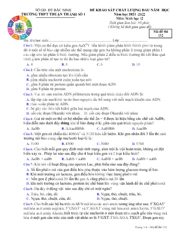 Đề khảo sát chất lượng đầu năm môn Sinh học 12 - Trường THPT Thuận Thành số 1 2021-2022 (Có đáp án)