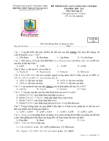Đề khảo sát chất lượng đầu năm môn Sinh học 12 - Trường THPT Thuận Thành số 1 2020-2021 (Có đáp án)