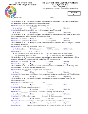 Đề khảo sát chất lượng đầu năm môn Tiếng Anh 12 - Trường THPT Thuận Thành số 1 2021-2022 (Có đáp án)