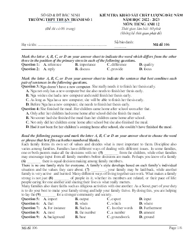 Đề khảo sát chất lượng đầu năm môn Tiếng Anh 12 - Trường THPT Thuận Thành số 1 2022-2023 (Có đáp án)