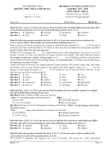 Đề khảo sát chất lượng đầu năm môn Tiếng Anh 12 - Trường THPT Thuận Thành số 1 2023-2024 (Có đáp án)