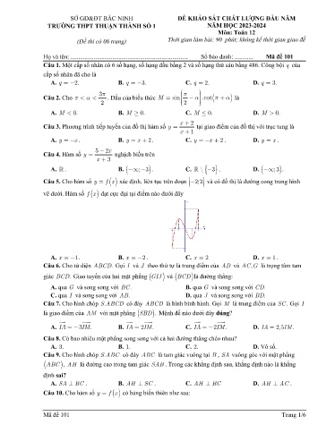 Đề khảo sát chất lượng đầu năm môn Toán 12 - Trường THPT Thuận Thành số 1 2023-2024 (Có đáp án)