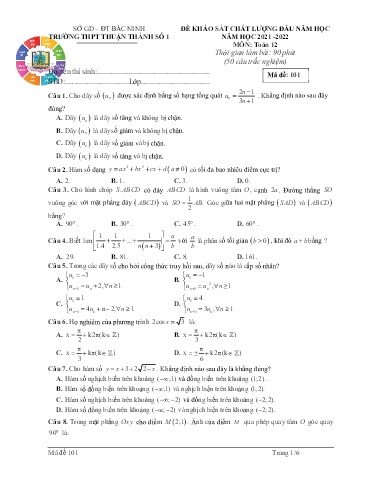 Đề khảo sát chất lượng đầu năm môn Toán 12 - Trường THPT Thuận Thành số 1 2021-2022 (Có đáp án)
