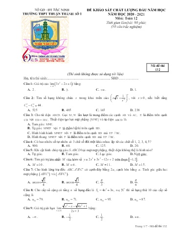 Đề khảo sát chất lượng đầu năm môn Toán 12 - Trường THPT Thuận Thành số 1 2020-2021 (Có đáp án)