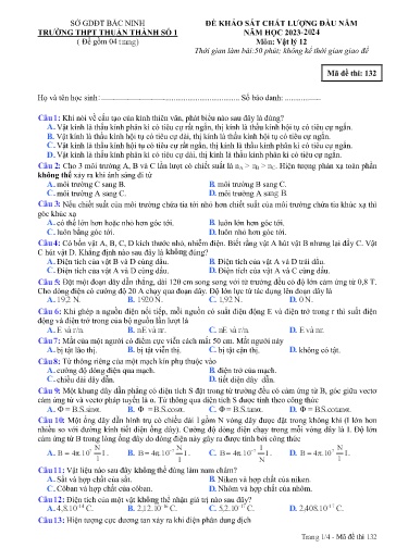 Đề khảo sát chất lượng đầu năm môn Vật lí 12 - Trường THPT Thuận Thành số 1 2023-2024 (Có đáp án)