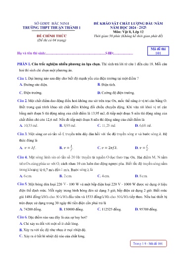 Đề khảo sát chất lượng đầu năm môn Vật lí 12 - Trường THPT Thuận Thành số 1 2024-2025 (Có đáp án)