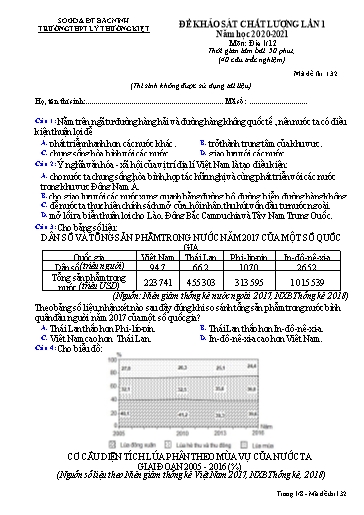 Đề khảo sát chất lượng (Lần 1) môn Địa lí 12 - Trường THPT Lý Thường Kiệt 2020-2021 (Có đáp án)