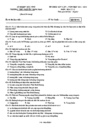 Đề khảo sát chất lượng (Lần 1) môn Địa lí 12 - Trường THPT Nguyễn Đăng Đạo 2021-2022 (Có đáp án)