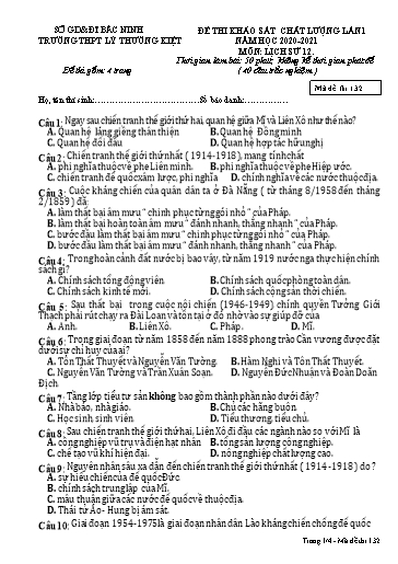 Đề khảo sát chất lượng (Lần 1) môn Lịch sử 12 - Trường THPT Lý Thường Kiệt 2020-2021 (Có đáp án)
