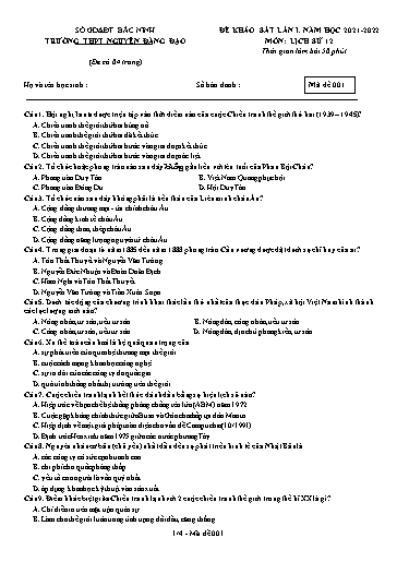 Đề khảo sát chất lượng (Lần 1) môn Lịch sử 12 - Trường THPT Nguyễn Đăng Đạo 2021-2022 (Có đáp án)