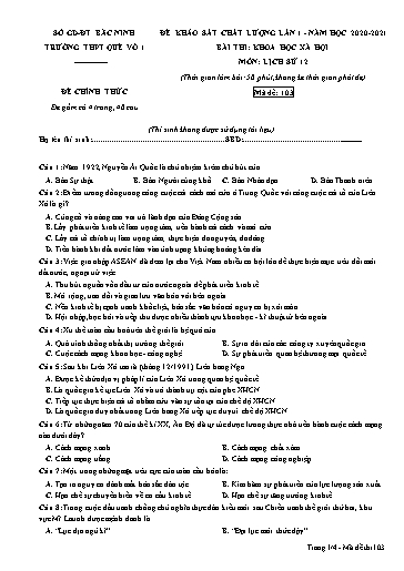 Đề khảo sát chất lượng (Lần 1) môn Lịch sử 12 - Trường THPT Quế Võ số 1 2020-2021 (Có đáp án)