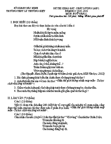 Đề khảo sát chất lượng (Lần 1) môn Ngữ văn 12 - Trường THPT Lý Thường Kiệt 2020-2021 (Có đáp án)