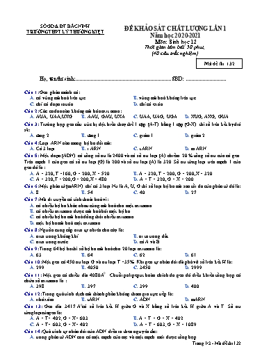 Đề khảo sát chất lượng (Lần 1) môn Sinh học 12 - Trường THPT Lý Thường Kiệt 2020-2021 (Có đáp án)