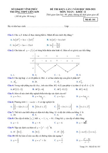 Đề khảo sát chất lượng (Lần 1) môn Toán 12 - Trường THPT Liễn Sơn 2020-2021 (Có đáp án)