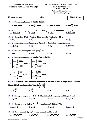 Đề khảo sát chất lượng (Lần 1) môn Toán 12 - Trường THPT Lý Thường Kiệt 2020-2021 (Có đáp án)