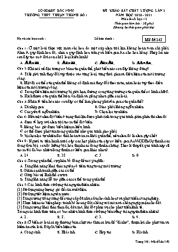 Đề khảo sát chất lượng (Lần 2) môn Sinh học 12 - Trường THPT Thuận Thành số 1 2020-2021 (Có đáp án)