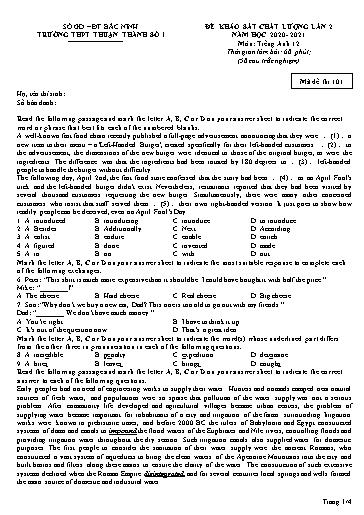 Đề khảo sát chất lượng (Lần 2) môn Tiếng Anh 12 - Trường THPT Thuận Thành số 1 2020-2021 (Có đáp án)