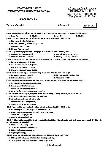 Đề khảo sát chất lượng (Lần 4) môn Lịch sử 12 - Trường THPT Nguyễn Đăng Đạo 2021-2022 (Có đáp án)