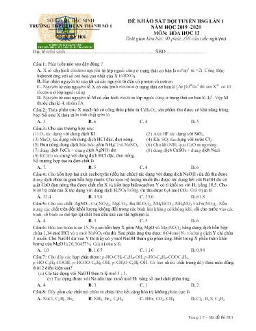 Đề khảo sát đội tuyển HSG (Lần 1) môn Hóa học 12 - Trường THPT Thuận Thành số 1 2019-2020 (Có đáp án)