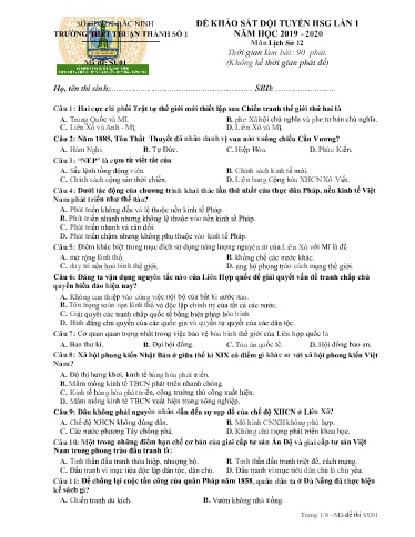 Đề khảo sát đội tuyển HSG (Lần 1) môn Lịch sử 12 - Trường THPT Thuận Thành số 1 2019-2020 (Có đáp án)