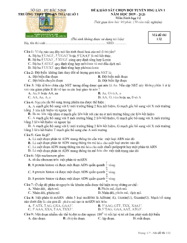 Đề khảo sát đội tuyển HSG (Lần 1) môn Sinh học 12 - Trường THPT Thuận Thành số 1 2019-2020 (Có đáp án)