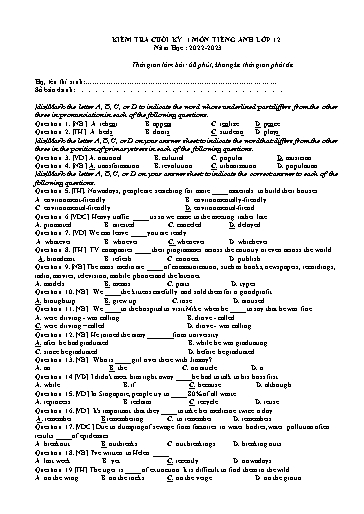 Đề kiểm tra cuối học kì 1 môn Tiếng Anh 12 - Trường THPT Lý Thường Kiệt 2022-2023 (Có đáp án)