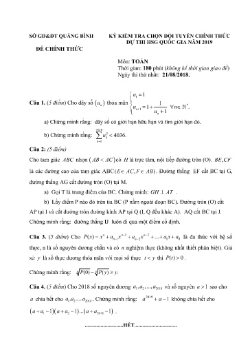 Đề kiểm tra đội tuyển dự thi HSG Quốc gia năm 2019 môn Toán - Sở GD&ĐT Quảng Bình (Có đáp án)