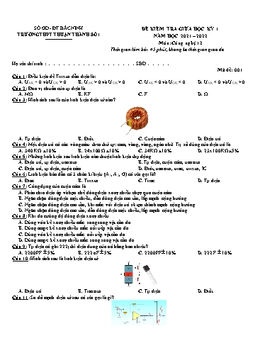 Đề kiểm tra giữa học kì 1 môn Công nghệ 12 - Trường THPT Thuận Thành số 1 2021-2022 (Có đáp án)