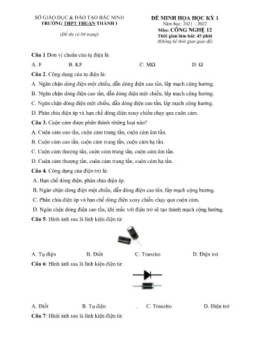 Đề minh họa kiểm tra cuối kì 1 môn Công nghệ 12 - Trường THPT Thuận Thành số 1 2021-2022