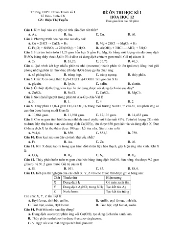Đề minh họa kiểm tra cuối kì 1 môn Hóa học 12 - Trường THPT Thuận Thành số 1 2021-2022