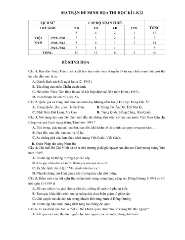 Đề minh họa kiểm tra cuối kì 1 môn Lịch sử 12 - Trường THPT Thuận Thành số 1 2021-2022