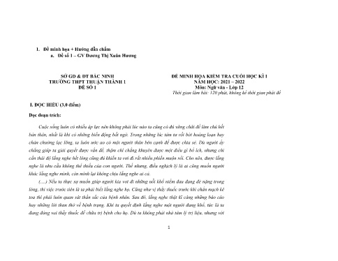 Đề minh họa kiểm tra cuối kì 1 môn Ngữ văn 12 - Trường THPT Thuận Thành số 1 2021-2022