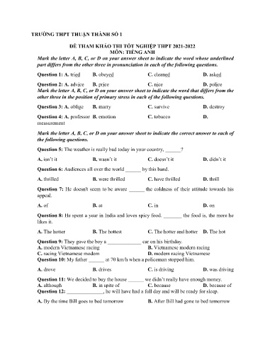 Đề minh họa kiểm tra cuối kì 1 môn Tiếng Anh 12 - Trường THPT Thuận Thành số 1 2021-2022