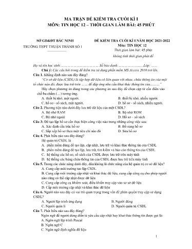 Đề minh họa kiểm tra cuối kì 1 môn Tin học 12 - Trường THPT Thuận Thành số 1 2021-2022