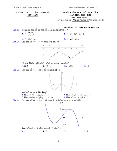 Đề minh họa kiểm tra cuối kì 1 môn Toán 12 - Trường THPT Thuận Thành số 1 2021-2022