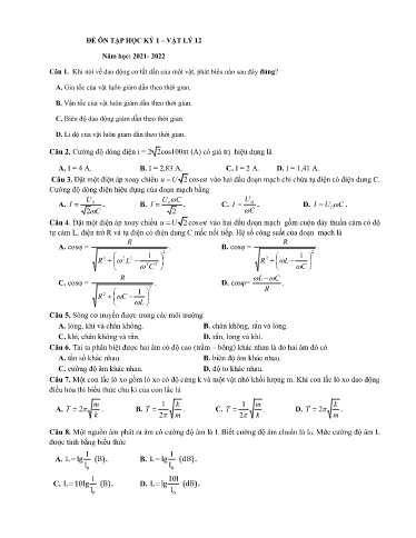 Đề minh họa kiểm tra cuối kì 1 môn Vật lí 12 - Trường THPT Thuận Thành số 1 2021-2022