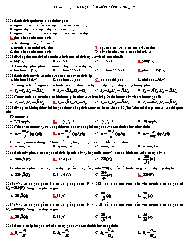 Đề minh họa kiểm tra cuối kì 2 môn Công nghệ 12 - Trường THPT Thuận Thành số 1 2021-2022 (Có đáp án)