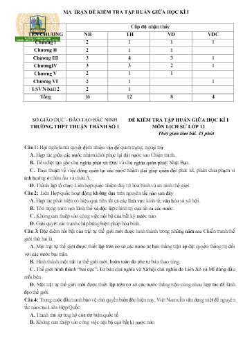 Đề minh họa kiểm tra giữa kì 1 môn Lịch sử 12 - Trường THPT Thuận Thành số 1 2021-2022 (Có đáp án)