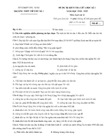 Đề minh họa kiểm tra Giữa kì 1 môn Lịch sử 12 - Trường THPT Tiên Du số 1 2024-2025 (Có đáp án)