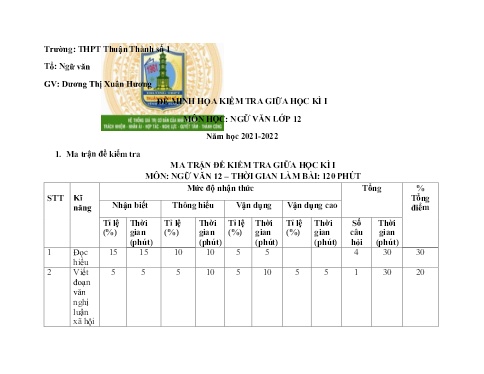 Đề minh họa kiểm tra giữa kì 1 môn Ngữ văn 12 Năm học 2021-2022 - Đề 2 (Có đáp án)