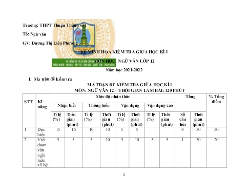 Đề minh họa kiểm tra giữa kì 1 môn Ngữ văn 12 Năm học 2021-2022 - Đề 3 (Có đáp án)