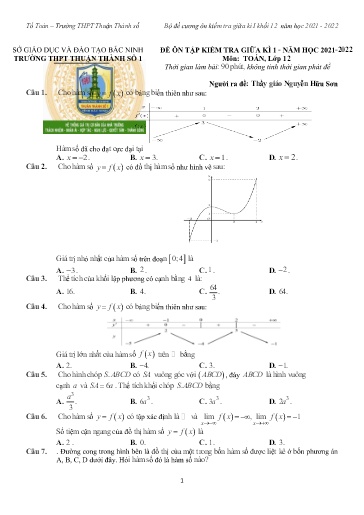 Đề minh họa kiểm tra giữa kì 1 môn Toán 12 - Trường THPT Thuận Thành số 1 2021-2022